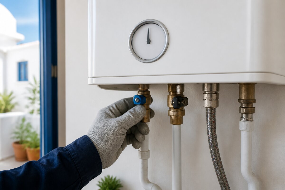 Gloved hand opening the filling valve under a combi boiler next to the pressure gauge