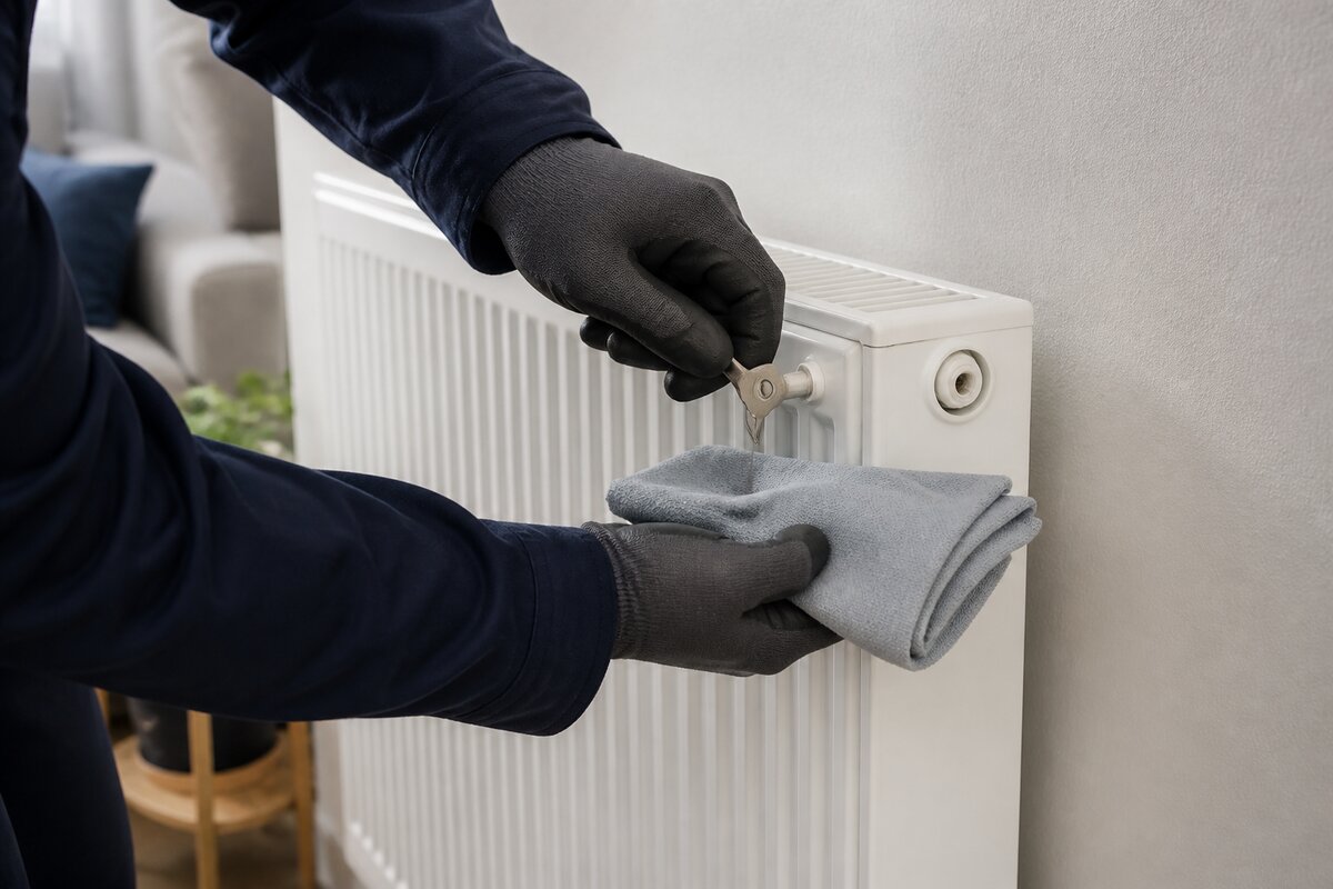 Gloved hand fitting a key to a radiator bleed valve with a cloth held underneath