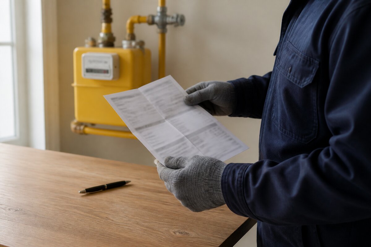 A natural gas bill and pen on a table with a wall-mounted gas meter in the background
